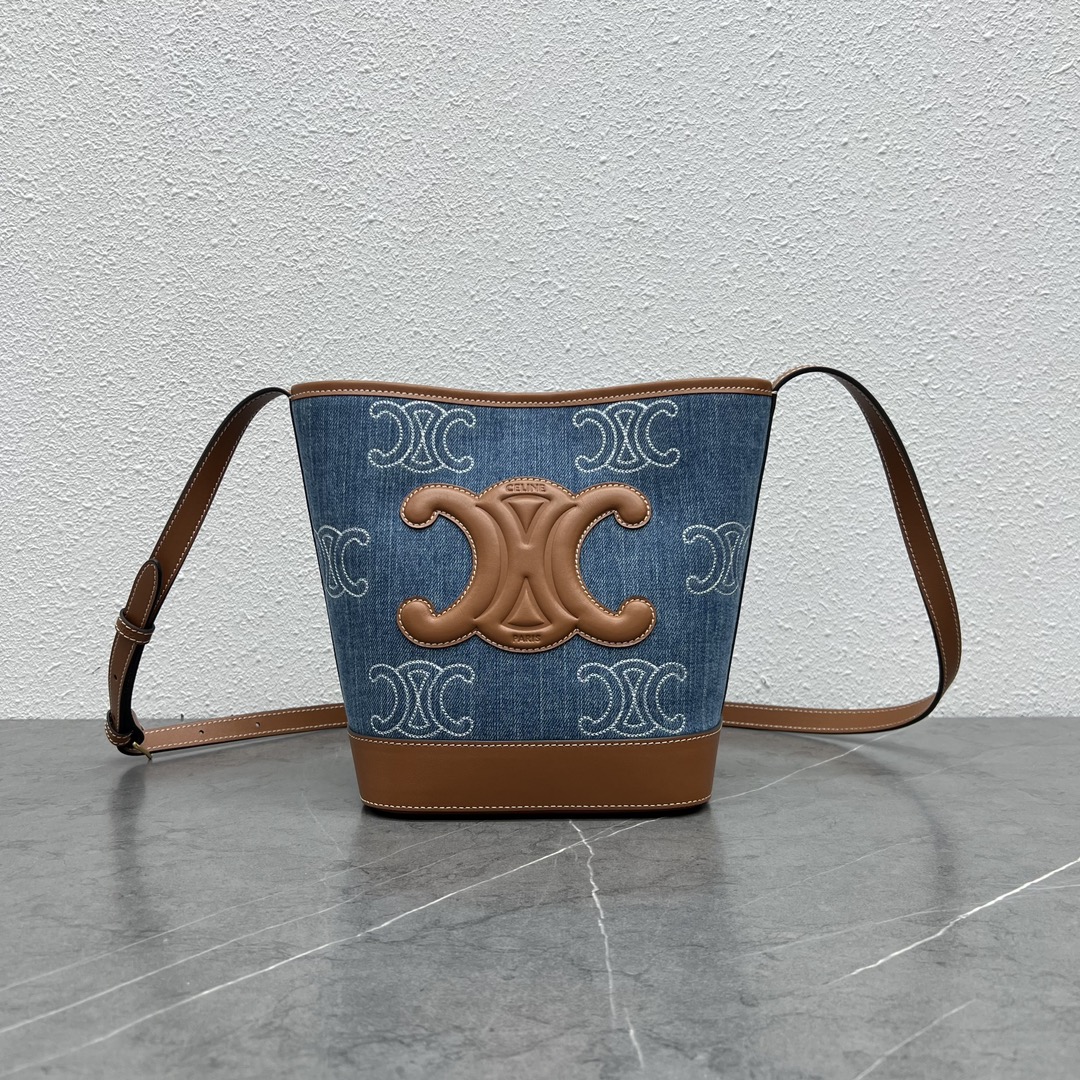 Celine Small Bucket Cuir Triomphe Shoulder Bag In Denim With Triomphe All-Over Embroidery And Calfskin Navy/Tan 198243